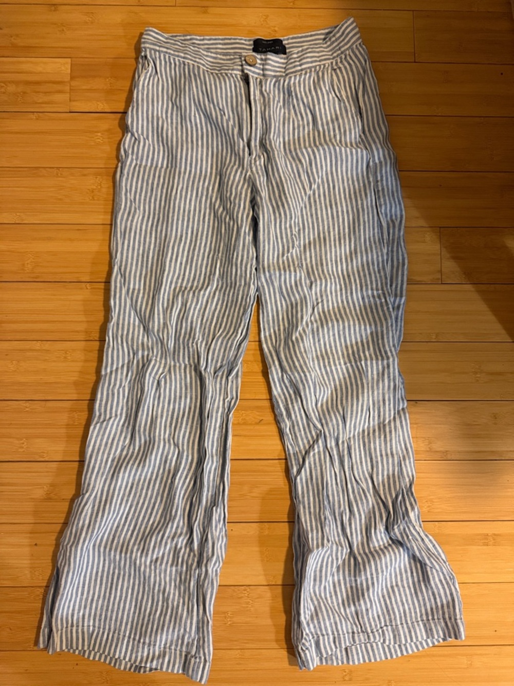 Tahari 100% Linen Striped Wide-Leg Pants - Blue & White